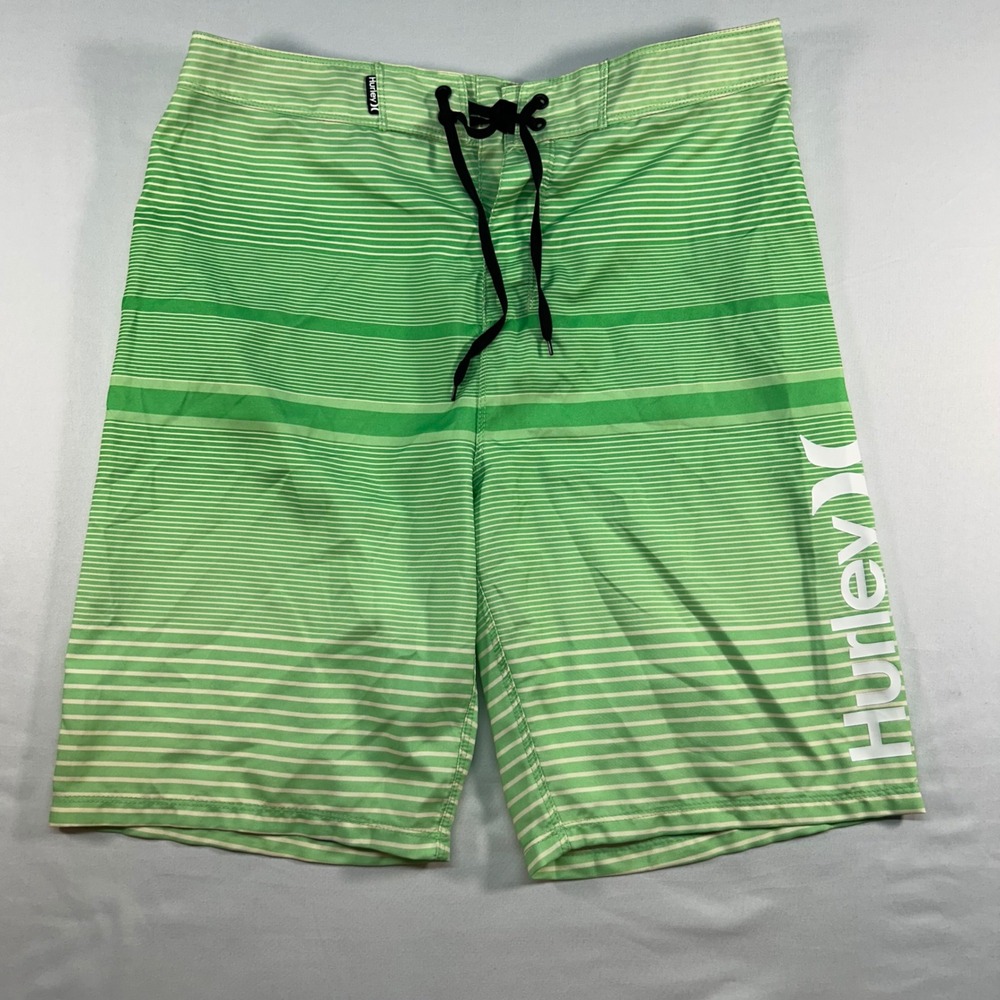 Hurley Mens Striped Board Shorts Green White Swim Trunks Size 32 Logo Pocket